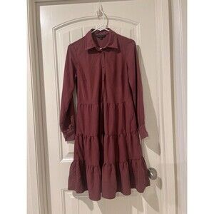 DownEast Long Sleeve Tiered Smocked Waist Collared Midi Dress Rosewood Sz S